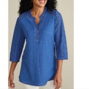 Soft Surroundings Isabetta Tunic Blouse Washed Blue Lace 3/4 Seeve Cotton Top M